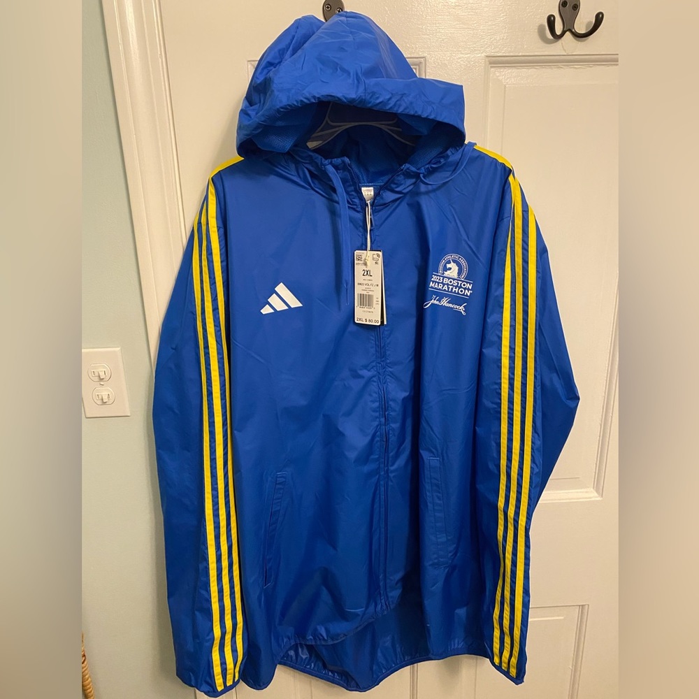 2023 Adidas Boston Marathon warmup hooded runner jacket blue yellow lightweight